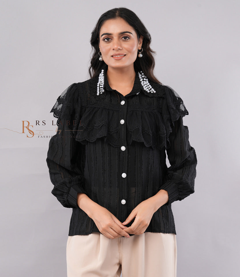 Black Pearl Collar Lace Ruffle Blouse (Batch 2)