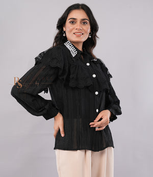 Black Pearl Collar Lace Ruffle Blouse (Batch 2)