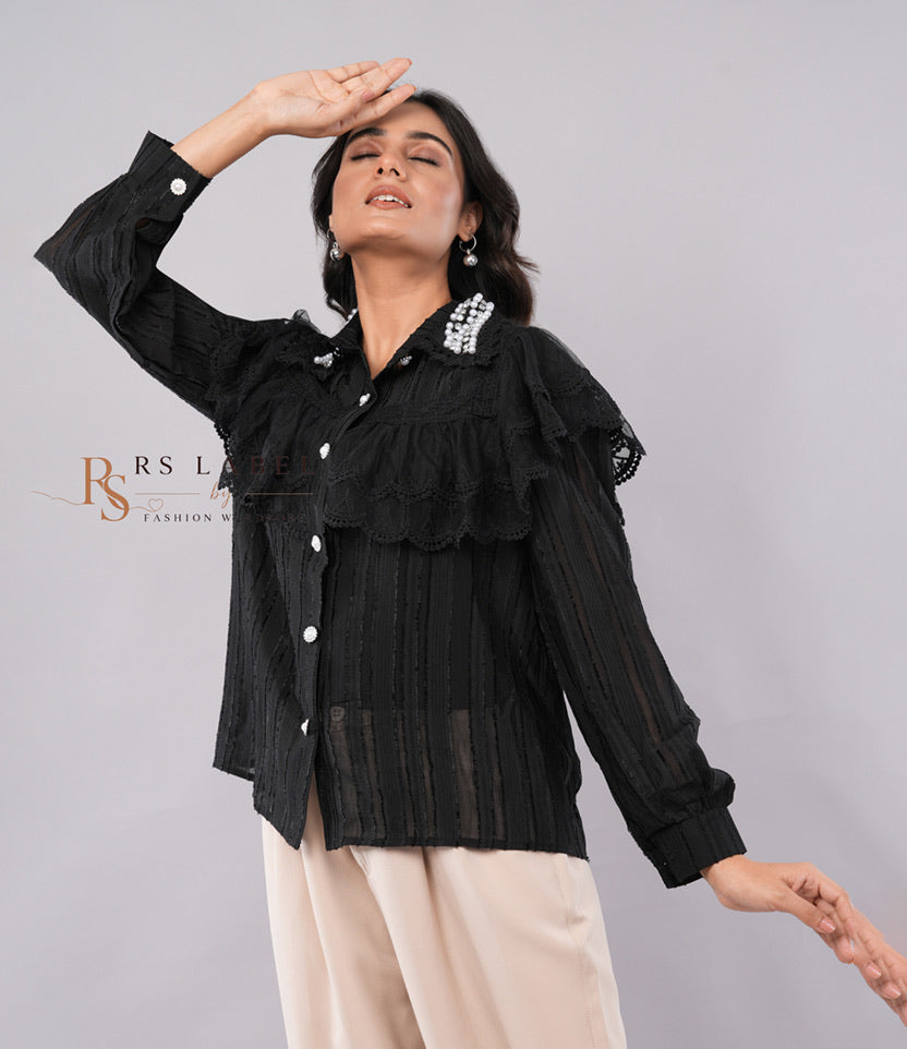 Black Pearl Collar Ruffle Blouse (Batch 3)