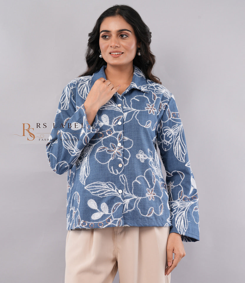 Blue Floral Embroidered Denim Shirt (Batch 2)