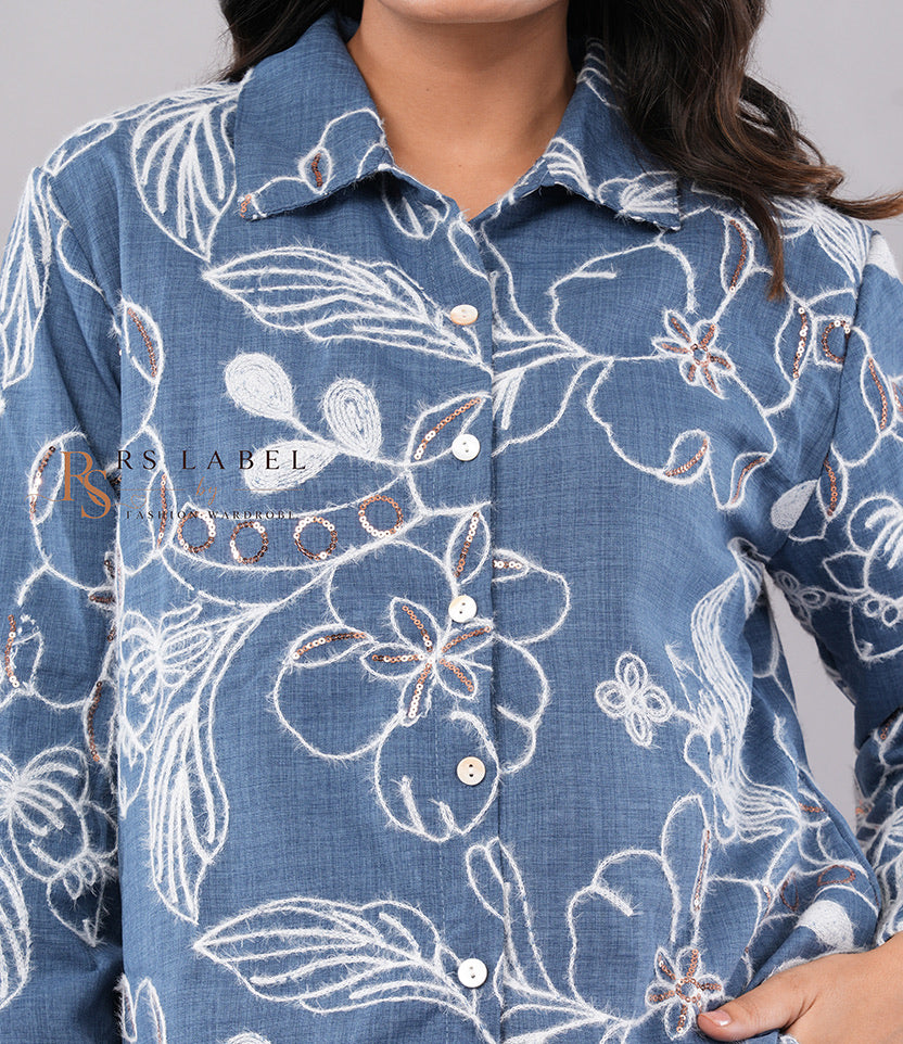 Blue Floral Sequin Embroidered Denim Shirt