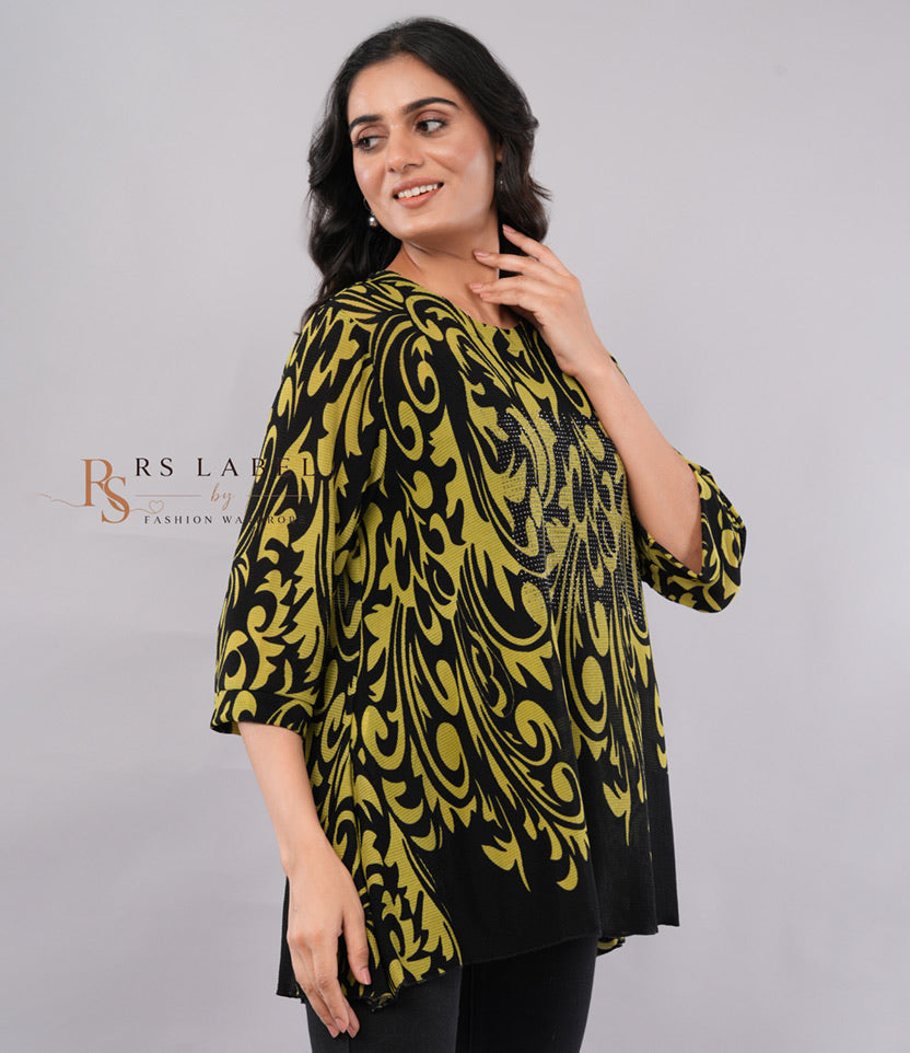 Black & Yellow Damask Print Top - front view