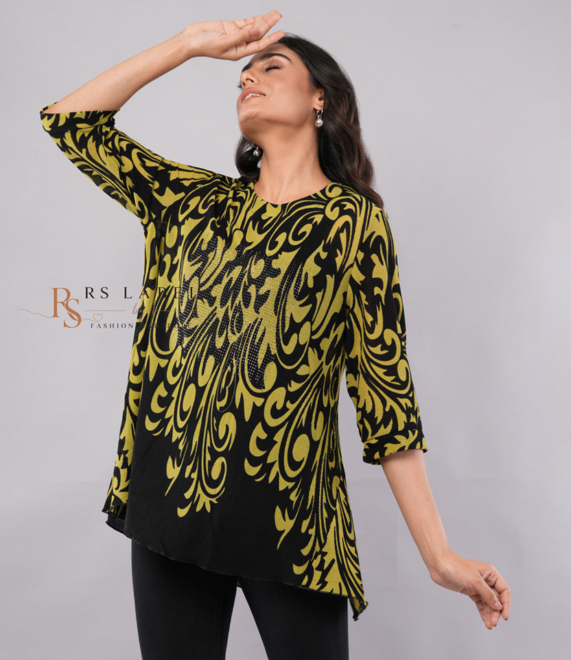 Black & Yellow Damask Print Top - styled view