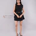 Black Cape-Sleeve Belted Mini Dress