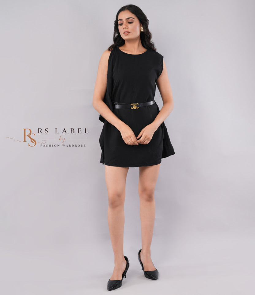 Black Cape-Sleeve Belted Mini Dress