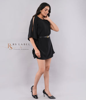 Black Cold-Shoulder Slit Dress with Belt
