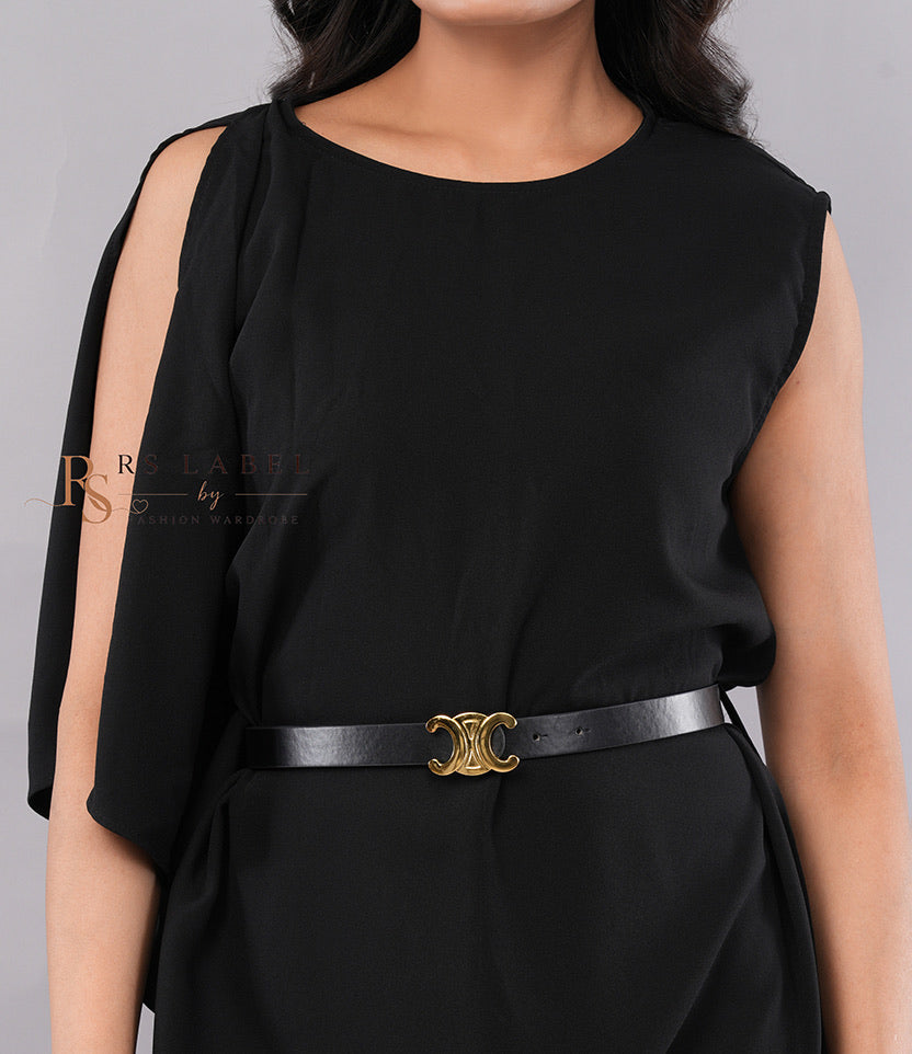 Black Cold-Shoulder Slit Dress with Belt
