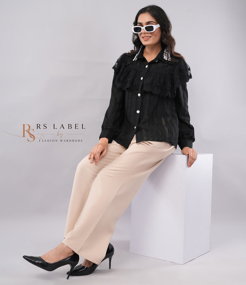 Black Pearl Collar Lace Ruffle Blouse
