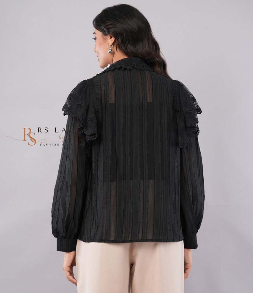 Black Pearl Collar Lace Ruffle Blouse